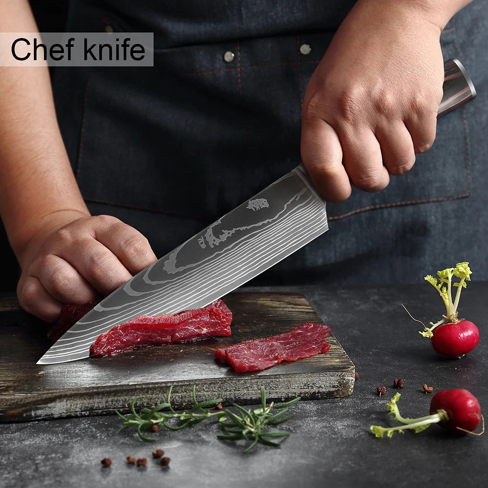 XITUO Chef knife 1-10Pcs Kitchen Knives Set Laser Damascus Pattern Ultra-Sharp Santoku Knife