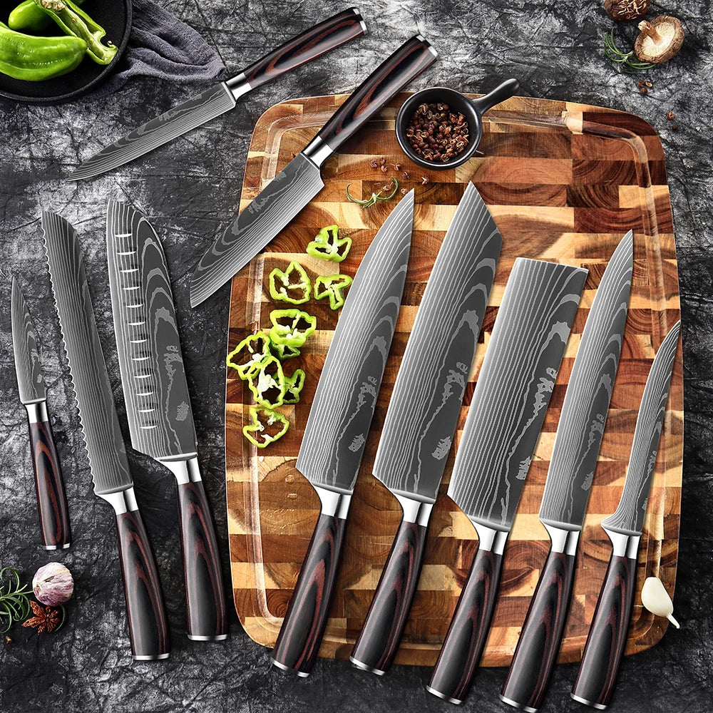 XITUO Chef knife 1-10Pcs Kitchen Knives Set Laser Damascus Pattern Ultra-Sharp Santoku Knife