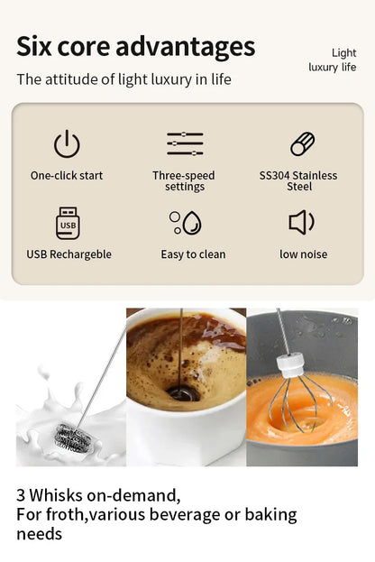 Wireless Milk Frother Electric Type-C Handheld Blender Stainless Steel Mini Coffee Maker