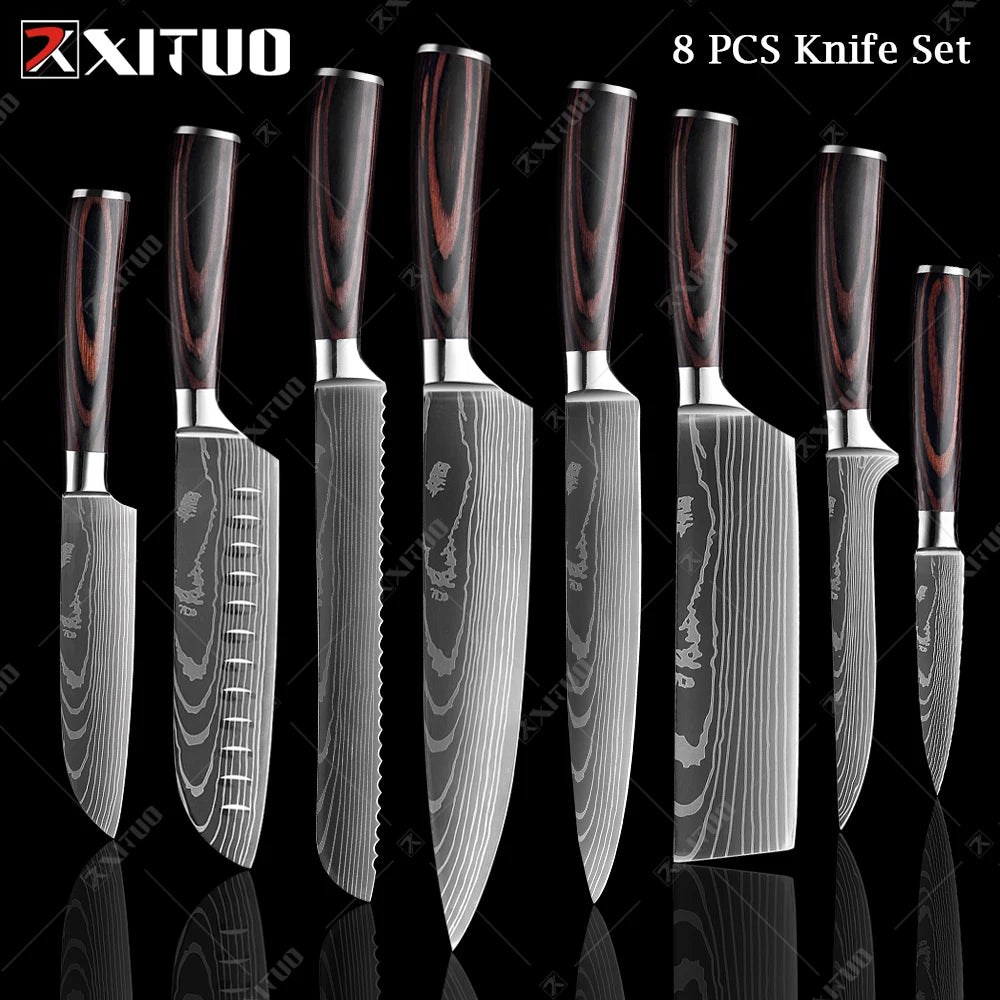 XITUO Chef knife 1-10Pcs Kitchen Knives Set Laser Damascus Pattern Ultra-Sharp Santoku Knife