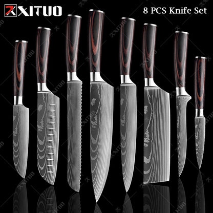 XITUO Chef knife 1-10Pcs Kitchen Knives Set Laser Damascus Pattern Ultra-Sharp Santoku Knife