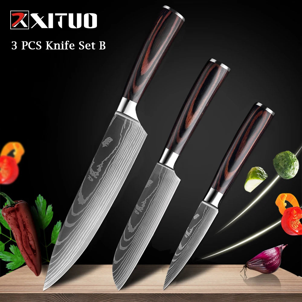 XITUO Chef knife 1-10Pcs Kitchen Knives Set Laser Damascus Pattern Ultra-Sharp Santoku Knife