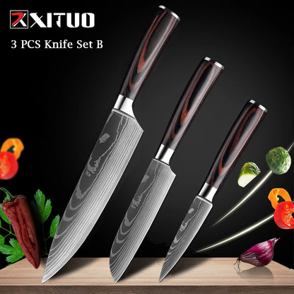XITUO Chef knife 1-10Pcs Kitchen Knives Set Laser Damascus Pattern Ultra-Sharp Santoku Knife