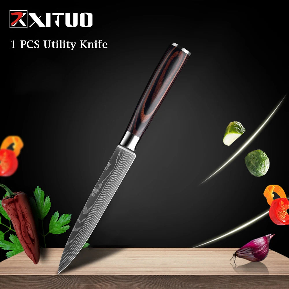 XITUO Chef knife 1-10Pcs Kitchen Knives Set Laser Damascus Pattern Ultra-Sharp Santoku Knife