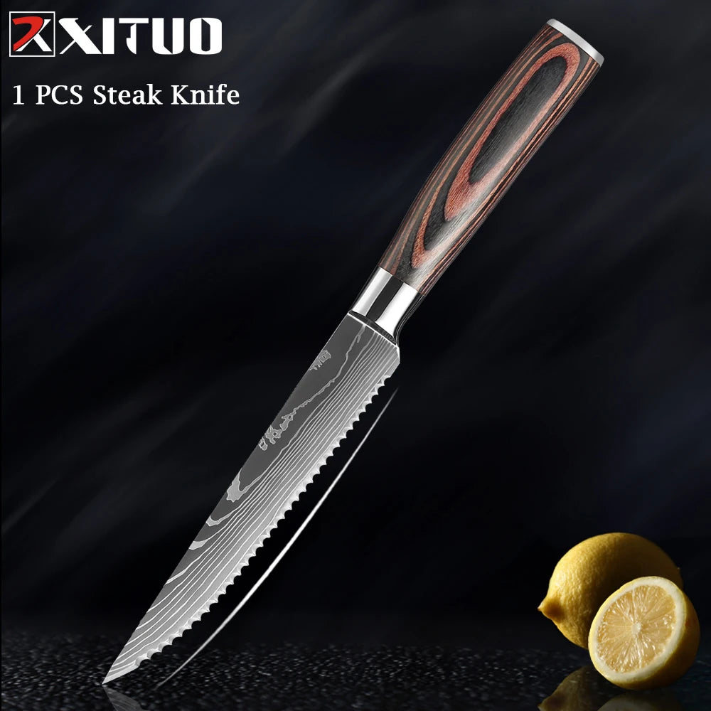 XITUO Chef knife 1-10Pcs Kitchen Knives Set Laser Damascus Pattern Ultra-Sharp Santoku Knife