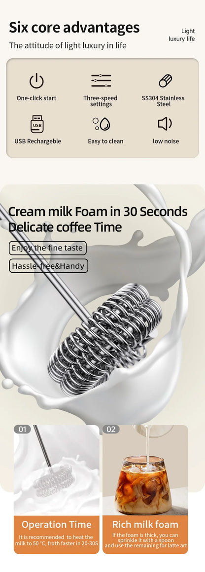 Wireless Milk Frother Electric Type-C Handheld Blender Stainless Steel Mini Coffee Maker