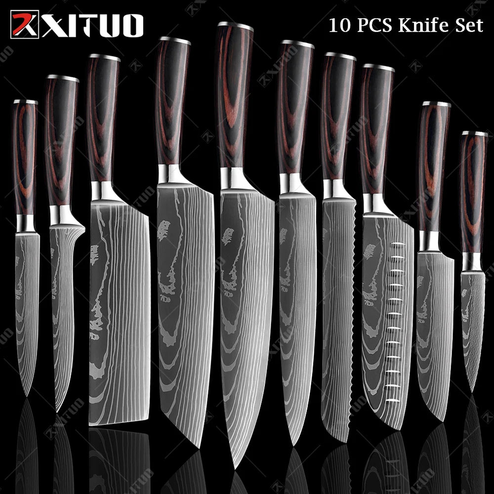 XITUO Chef knife 1-10Pcs Kitchen Knives Set Laser Damascus Pattern Ultra-Sharp Santoku Knife