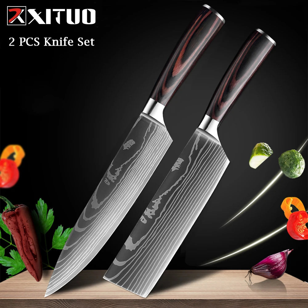 XITUO Chef knife 1-10Pcs Kitchen Knives Set Laser Damascus Pattern Ultra-Sharp Santoku Knife