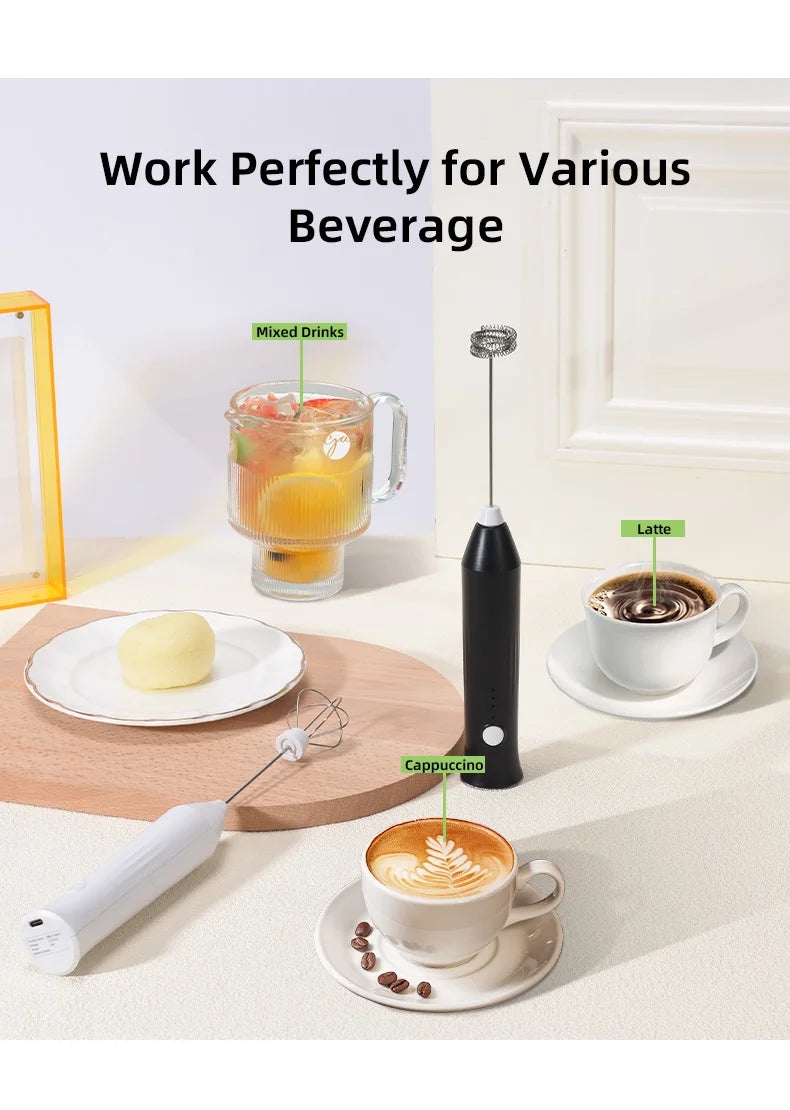 Wireless Milk Frother Electric Type-C Handheld Blender Stainless Steel Mini Coffee Maker