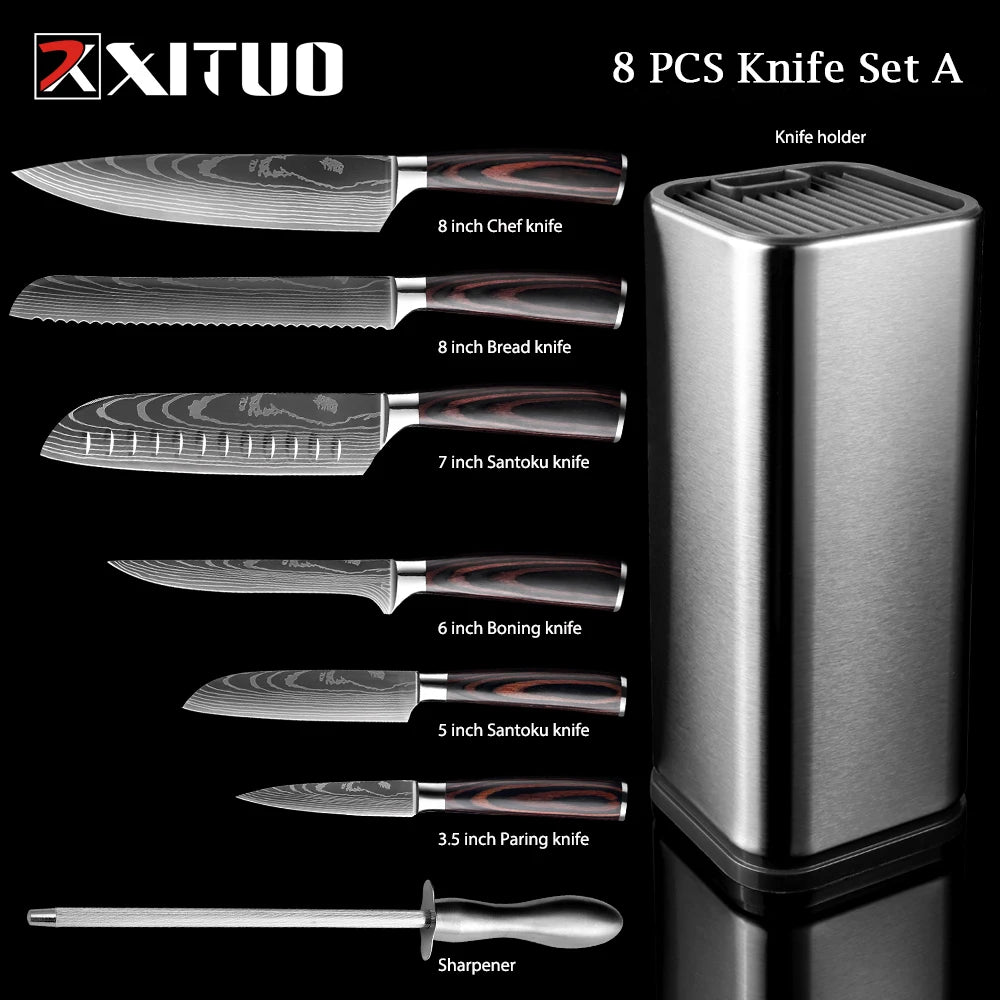 XITUO Chef knife 1-10Pcs Kitchen Knives Set Laser Damascus Pattern Ultra-Sharp Santoku Knife