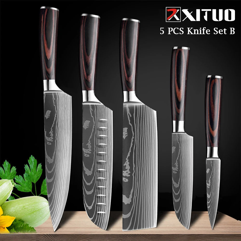 XITUO Chef knife 1-10Pcs Kitchen Knives Set Laser Damascus Pattern Ultra-Sharp Santoku Knife