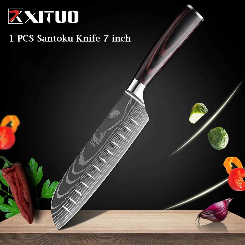 XITUO Chef knife 1-10Pcs Kitchen Knives Set Laser Damascus Pattern Ultra-Sharp Santoku Knife