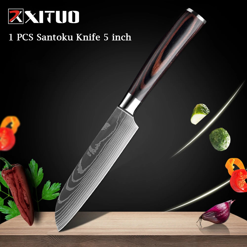 XITUO Chef knife 1-10Pcs Kitchen Knives Set Laser Damascus Pattern Ultra-Sharp Santoku Knife