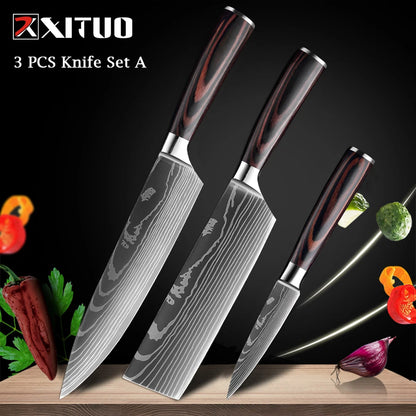 XITUO Chef knife 1-10Pcs Kitchen Knives Set Laser Damascus Pattern Ultra-Sharp Santoku Knife