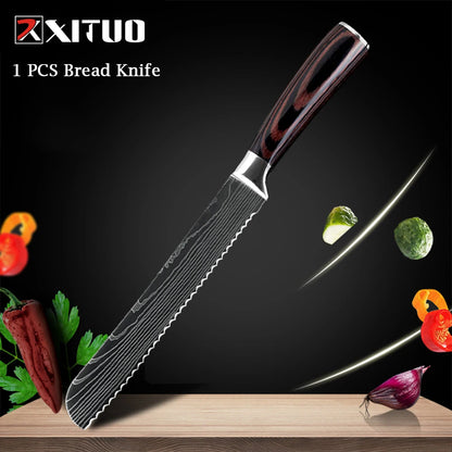 XITUO Chef knife 1-10Pcs Kitchen Knives Set Laser Damascus Pattern Ultra-Sharp Santoku Knife