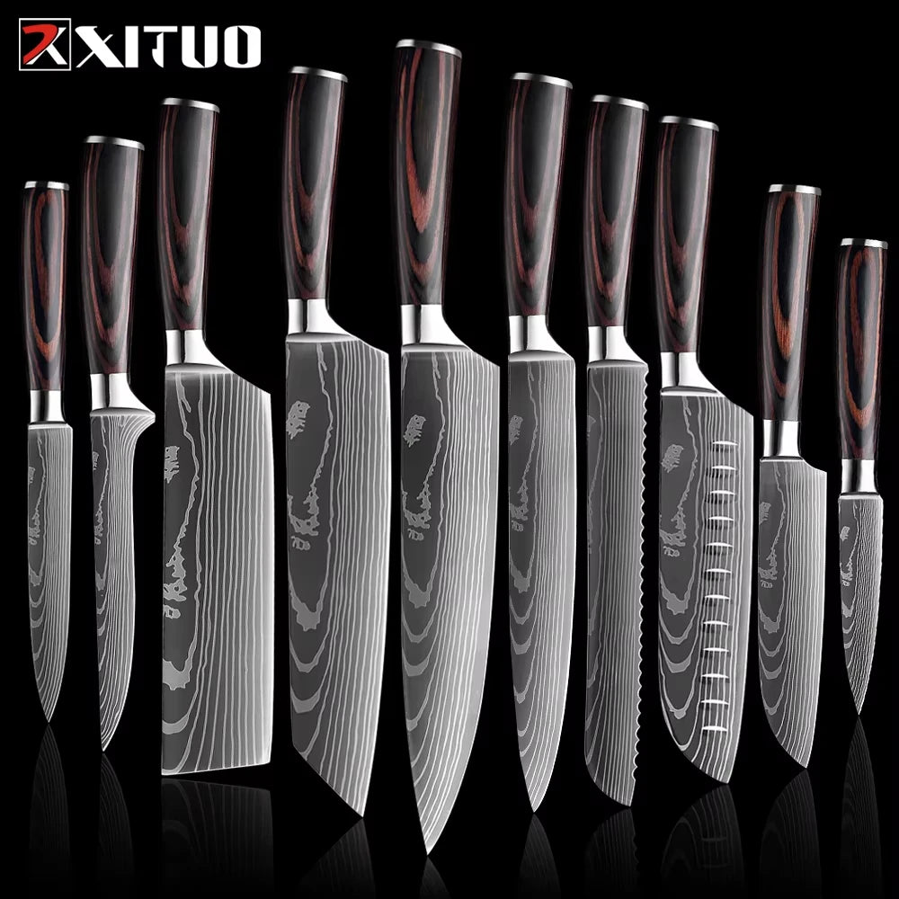 XITUO Chef knife 1-10Pcs Kitchen Knives Set Laser Damascus Pattern Ultra-Sharp Santoku Knife