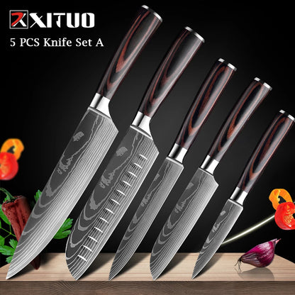 XITUO Chef knife 1-10Pcs Kitchen Knives Set Laser Damascus Pattern Ultra-Sharp Santoku Knife